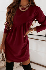 Fashion Long Sleeve Solid Colour O-Neck Mini Dress