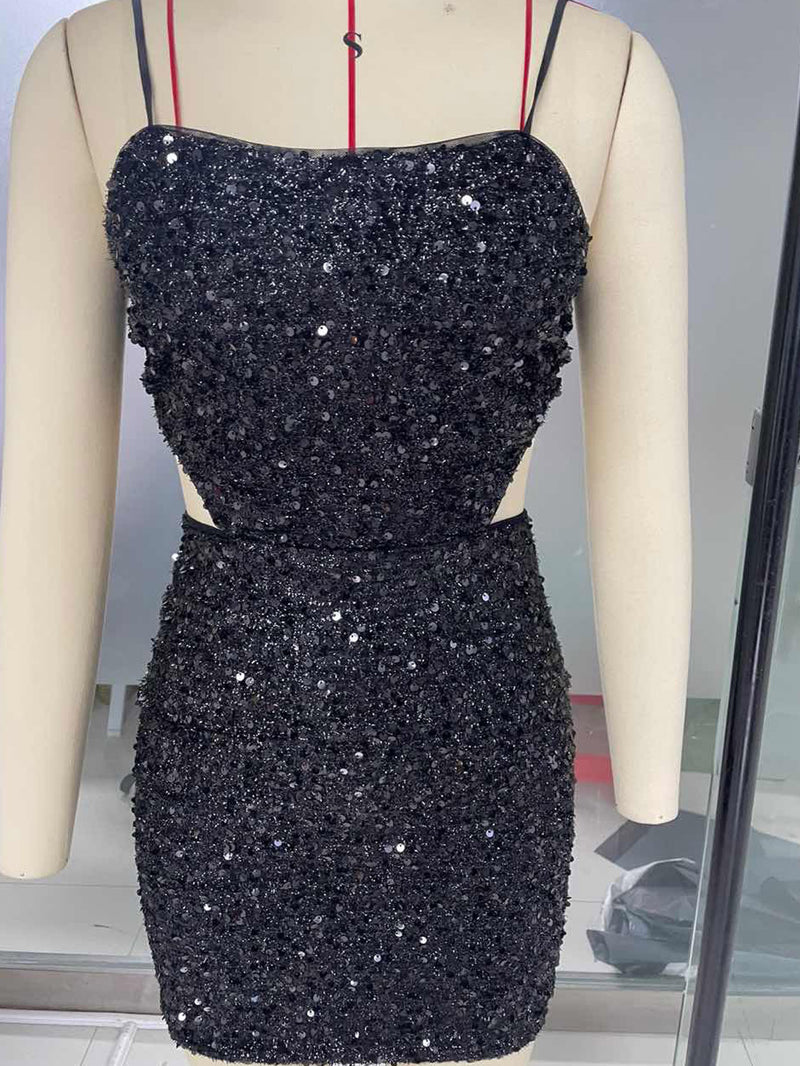 Fashion Spaghetti Strap Sequined Backless Mini Dress