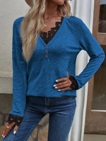 Button Up Long Sleeve V Lace Neck Pullor Top