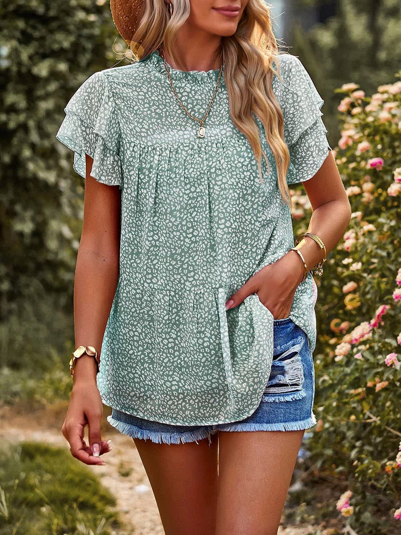 Casual O-Neck Ruffle Short Sleeve Printed Loose T-Shirt