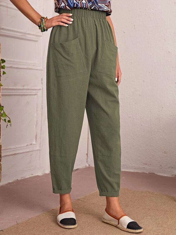 Elegant High Waist Pocketed Solid Color Loose Pants