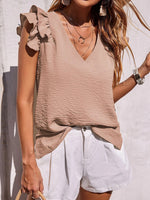 V-Neck Ruffle Short Sleeve Solid Loose Blouse