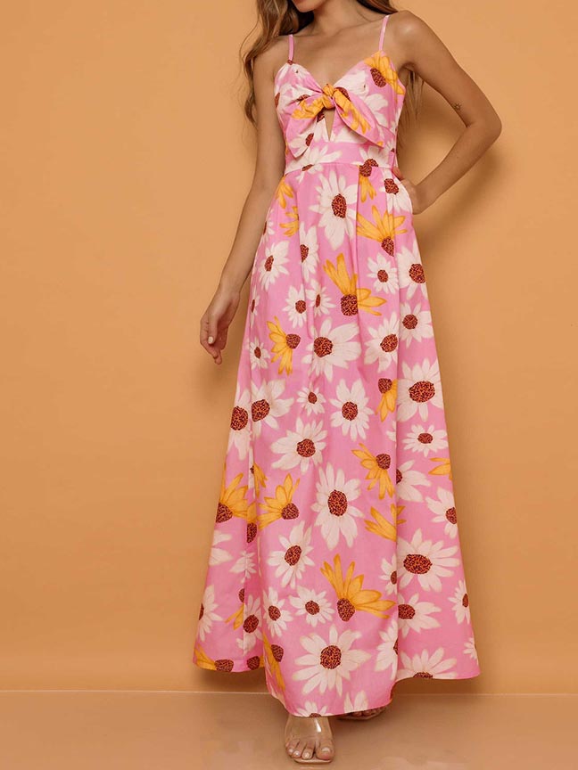 Front Knot Spaghetti Strap Floral V Neck Loose Maxi Dress