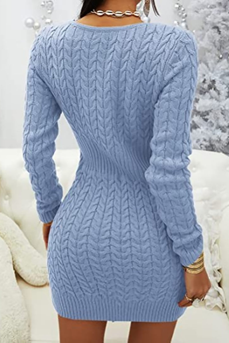 Zipper V Neck Bodycon Sweater Dress