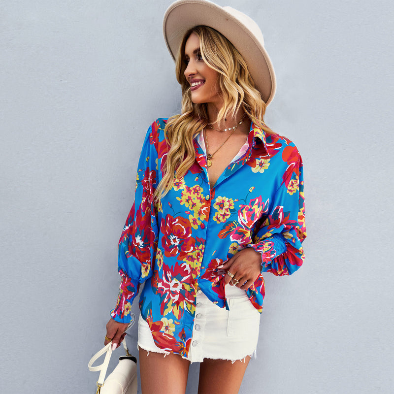 Loose Floral Print Long Sleeve Button Down Top Shirt