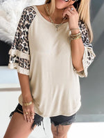 Leopard Sleeve Round Neck Loose Blouse Top