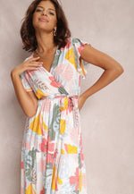 Floral Long Sleeve Cap Sleeve V Neck Maxi Dress