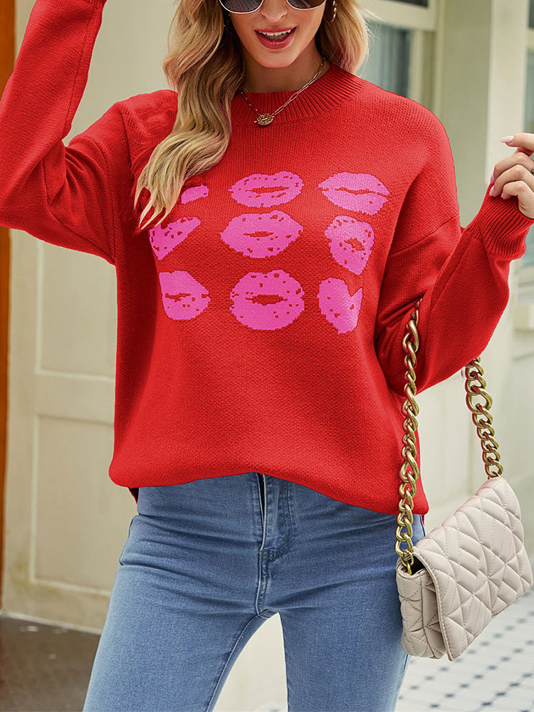 Women's Sweaters Knitted Love Lips Printed Long Sleeved Sweater