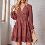 Elegant Long Sleeve Swiss Dot V-Neck Mini Dress