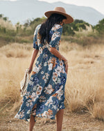 Elegant Short Sleeve V Neck Floral Maxi Dress