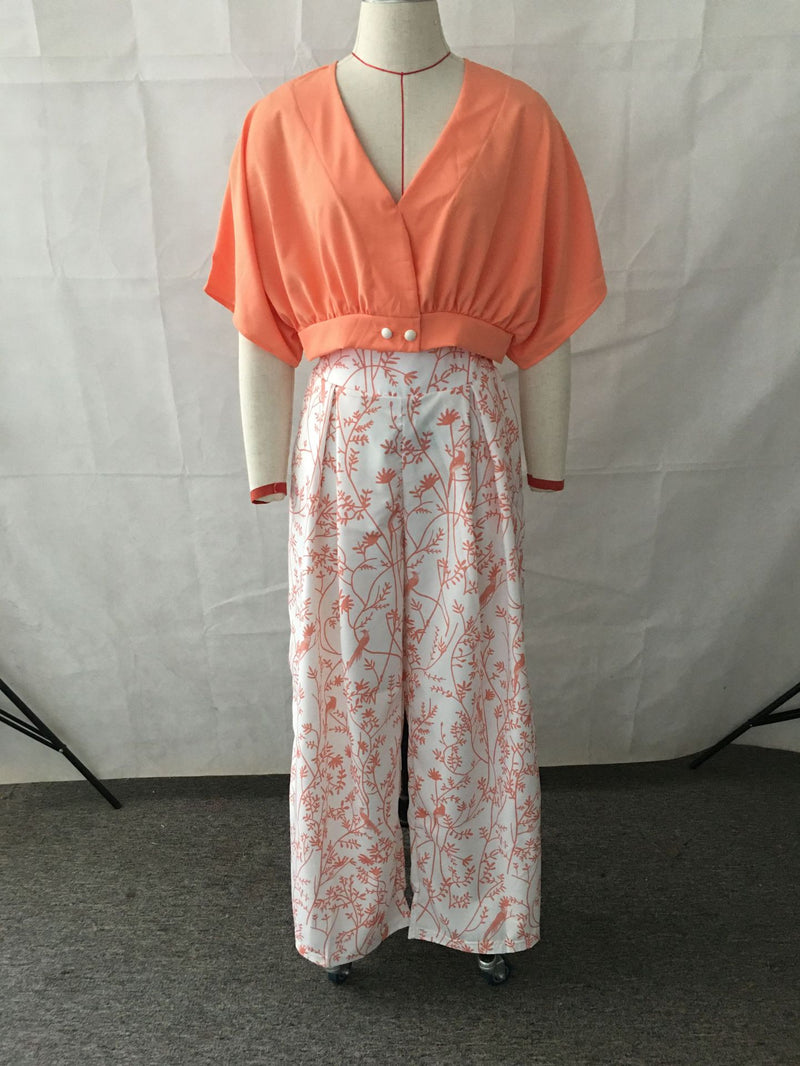 Two Piece Short Top with Long Wide Leg Pants Set