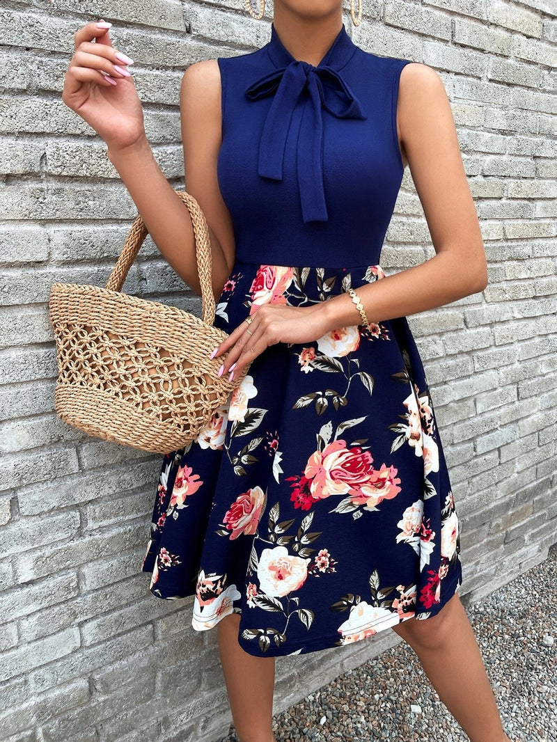 Floral Sleeveless Neck Tie Mini Dress