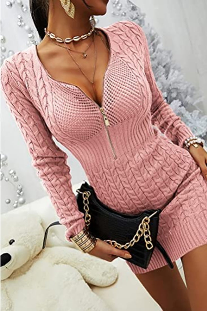 Zipper V Neck Bodycon Sweater Dress