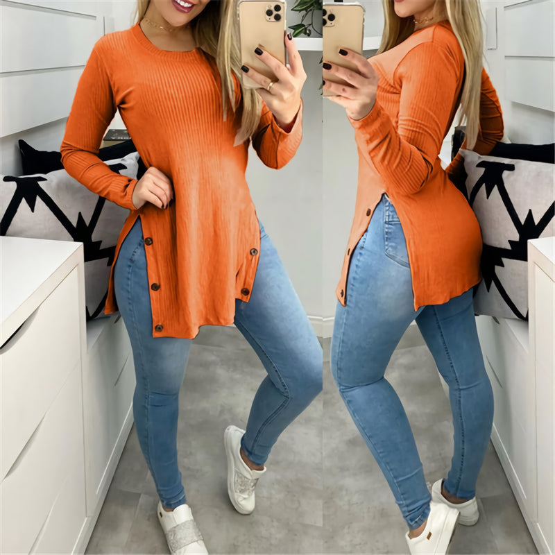 Casual Long Sleeve O-Neck Side Slit Blouse Top