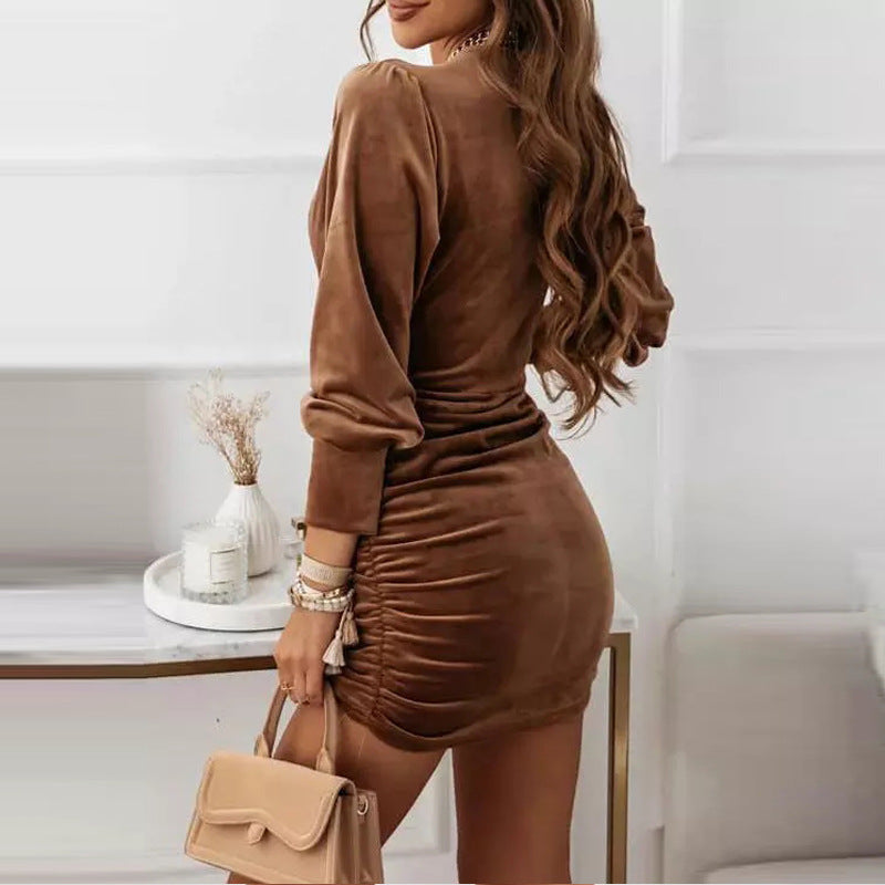 Long Sleeve Cut Out V-Neck Velvet Mini Dress