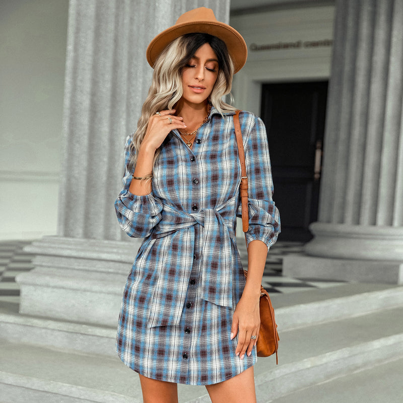 Fashion Long Sleeve Check Tartan Waistband Mini Shirt Dress