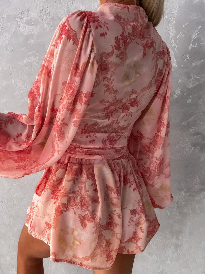 Stylish Wide Sleeve Deep V Neck Tie Waist Floral Mini Dress