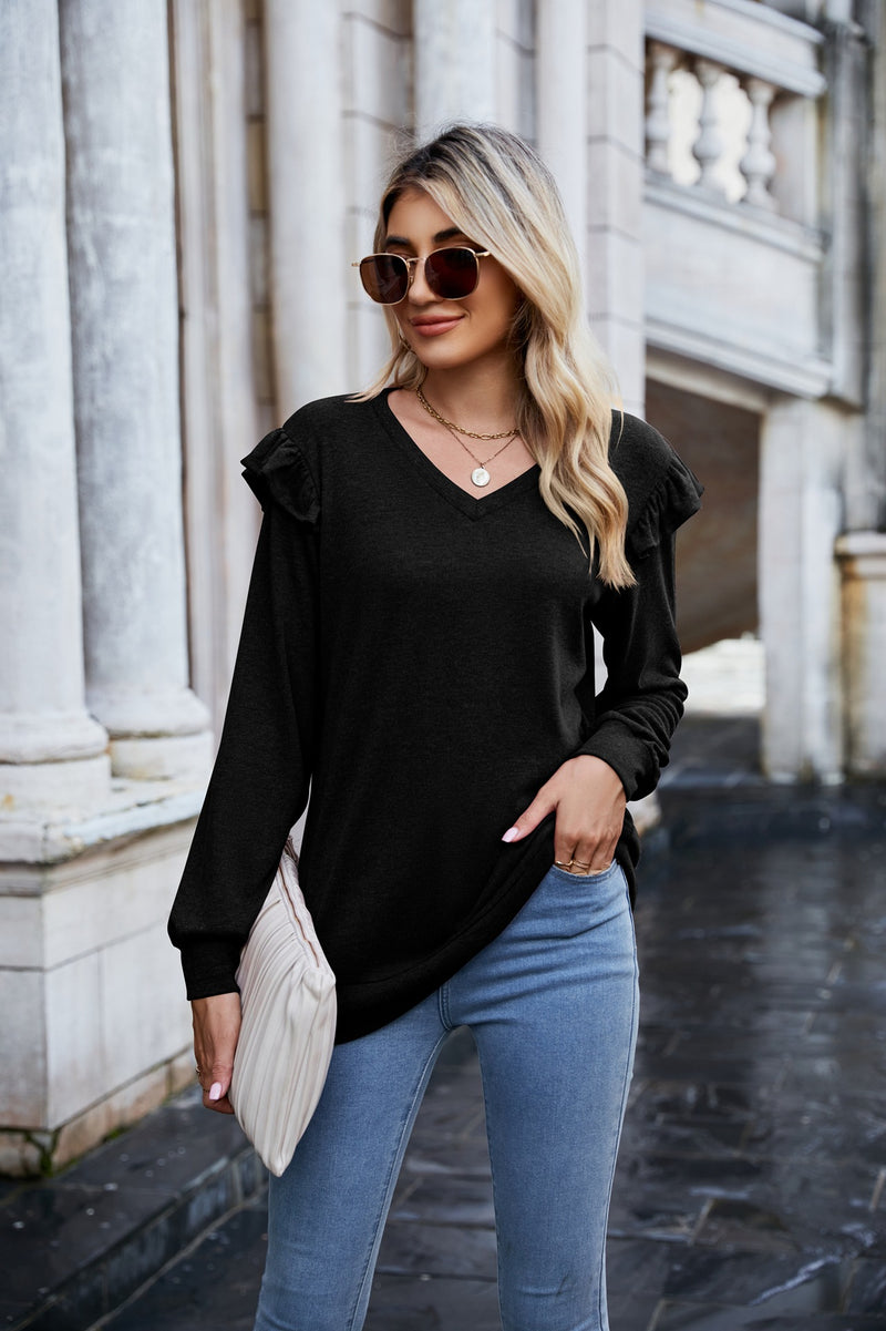 Casual Long Sleeve V-Neck Solid Color Sweat Top
