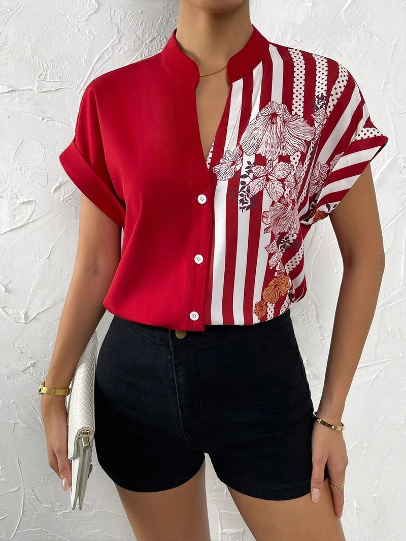 Fashion V-Neck Printed Short Sleeve Buttoned Shirt