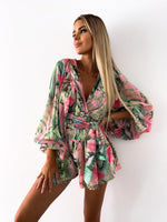 Stylish Wide Sleeve Deep V Neck Tie Waist Floral Mini Dress