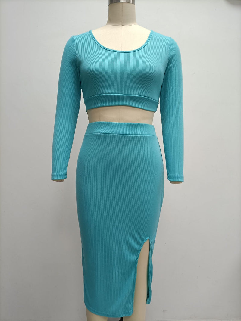 Two Piece Set Long Sleeve Fitted Crop Top and Side Slit Midi Skirt