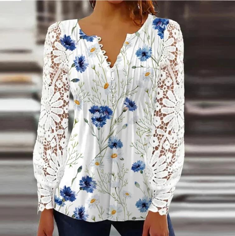 Elegant V-Neck Long Sleeve Lace Floral Print Loose Blouse