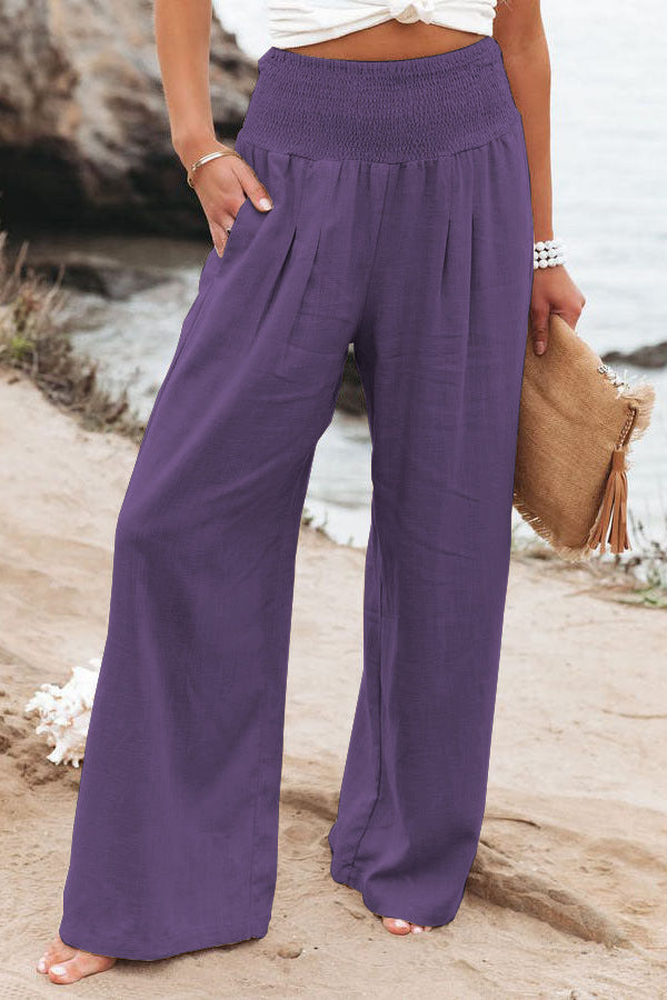 Casual High Waist Pocket Solid Loose Pant