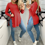 Casual Long Sleeve O-Neck Side Slit Blouse Top