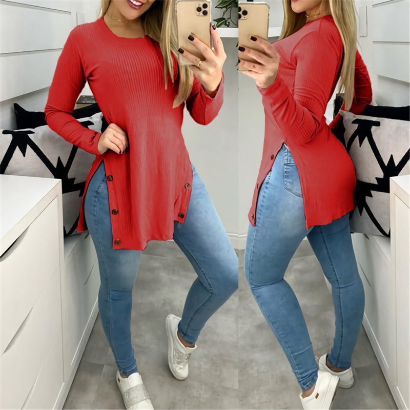 Casual Long Sleeve O-Neck Side Slit Blouse Top