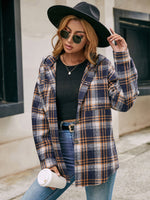 Plaid Collar Buton Down Long Sleeve Hoodie Shirt