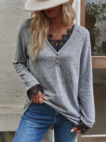 Button Up Long Sleeve V Lace Neck Pullor Top