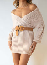 Cross V Neck Long Sleeve Knitted Sweater Dress
