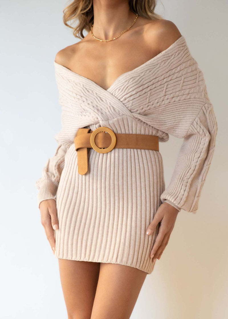 Casual Off Shoulder Long Sleeve V-Neck Belt Knit Mini Dress