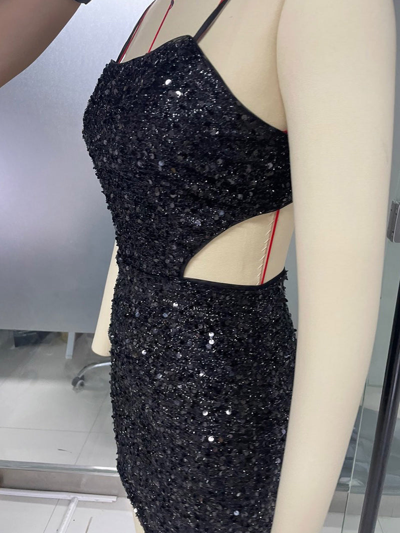 Fashion Spaghetti Strap Sequined Backless Mini Dress