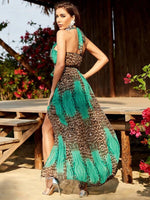 Fashion Tie Shoulder Side Slit Leopard Print Maxi Dress