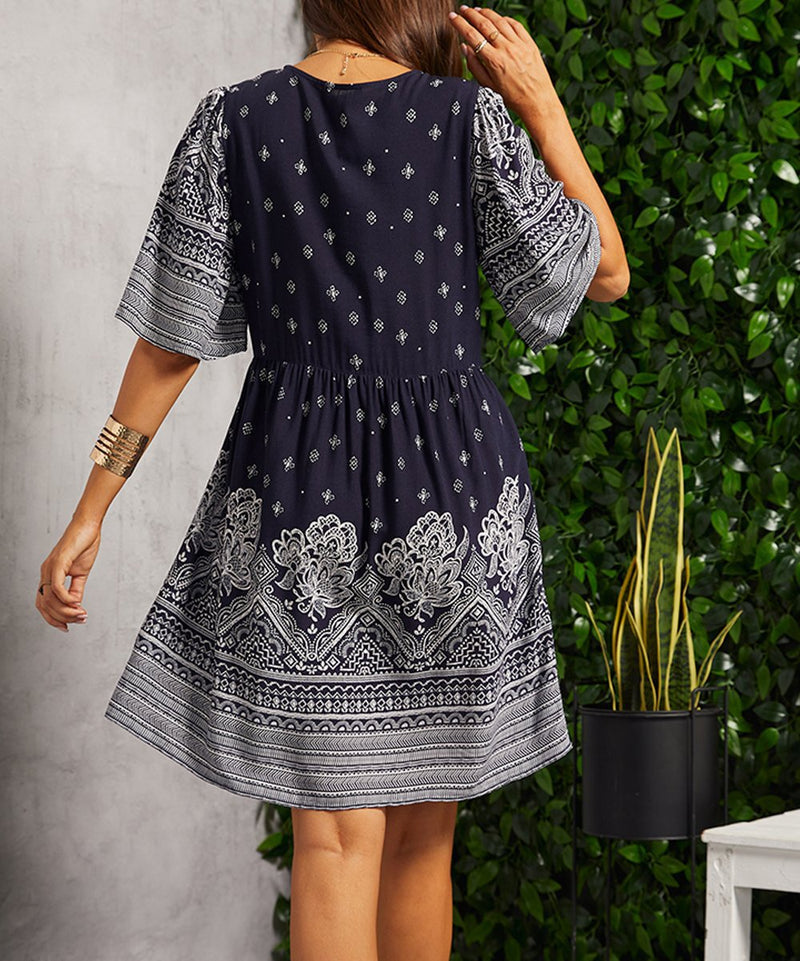 Fashion Printed V-Neck 3/4 Sleeve Flared Mini Dress