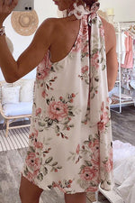 Floral Print Halter Neck Sleeveless Mini Dress