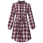 Fashion Long Sleeve Check Tartan Waistband Mini Shirt Dress