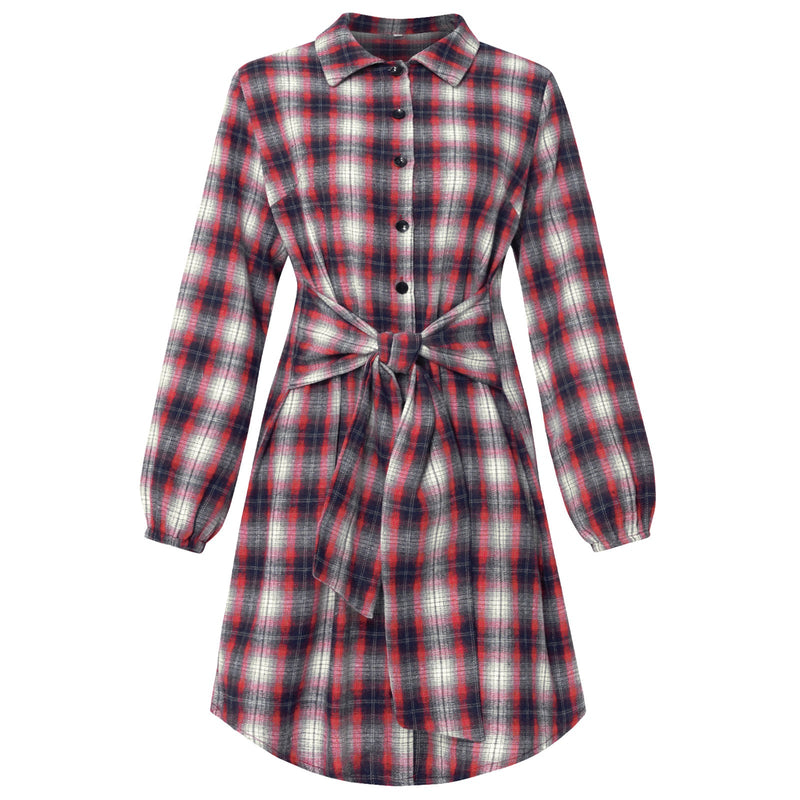 Fashion Long Sleeve Check Tartan Waistband Mini Shirt Dress