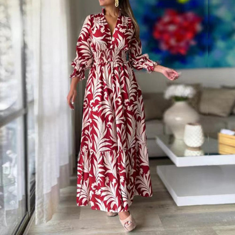 Casual Long Sleeve V Neck Floral Maxi Dress