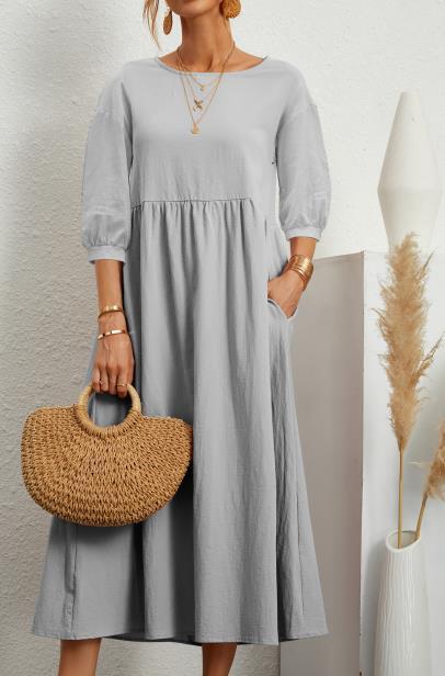 Casual 3/4 Sleeve Round Neck Pleated Maxi Dress