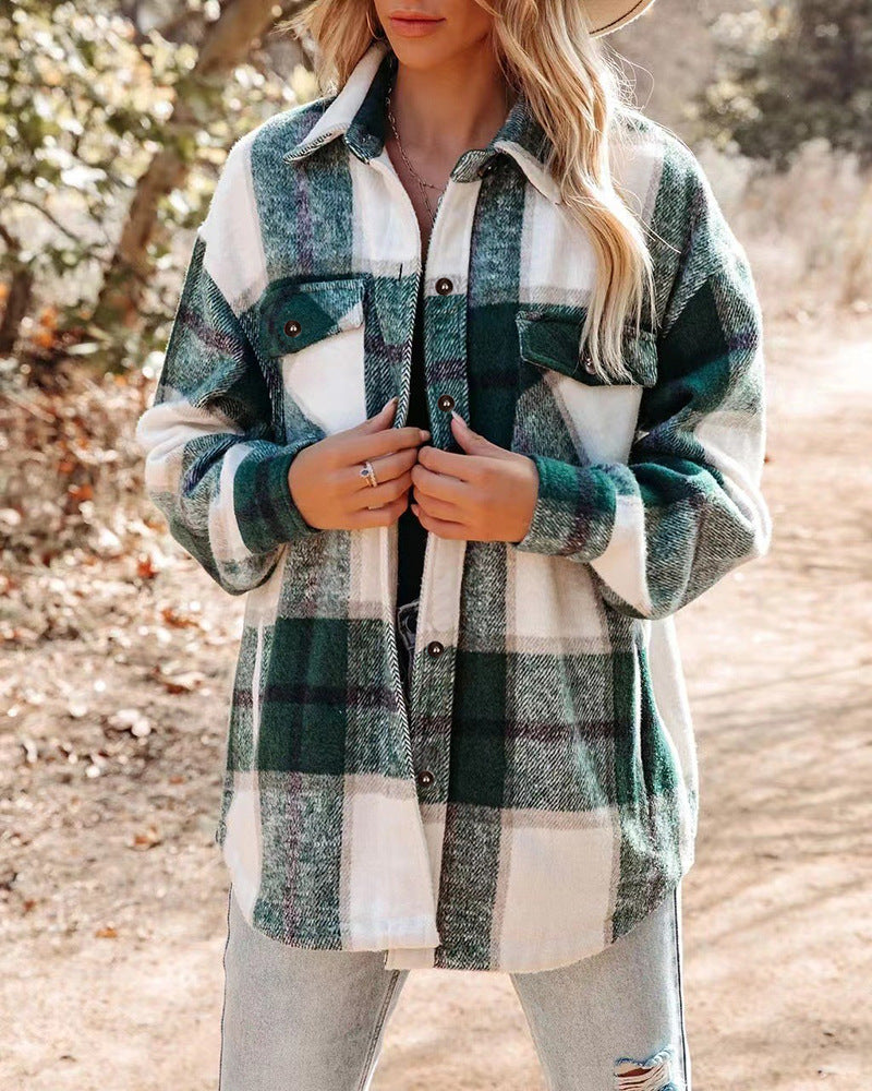 Turn Down Collar Plaid Buttoned Long Sleeve Jacket