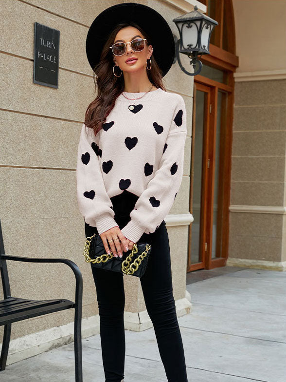 Heart Printed Long Sleeve Solid Color Sweatshirt