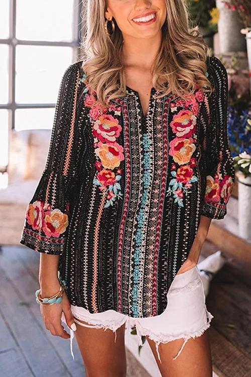 Boho Print Logn Sleeve Loose Blouse