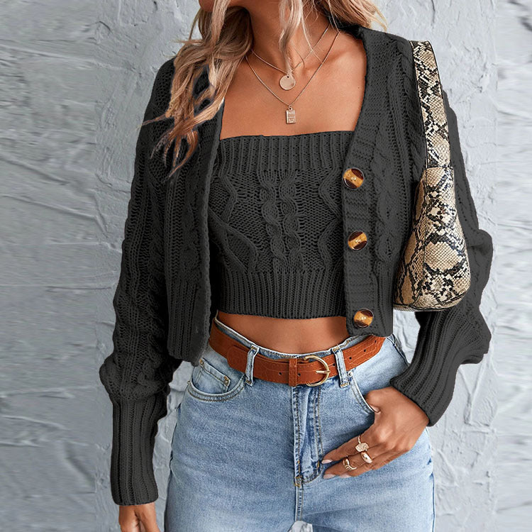 Cropped Button Down Cardigan Top and Vest Co Ord Set