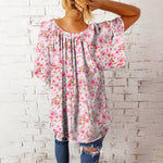 Casual Floral Print V-Neck Short Sleeve Oversize Top Blouse