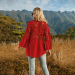 Button Down Lace Long Sleeve V Neck Blouse Loose Top