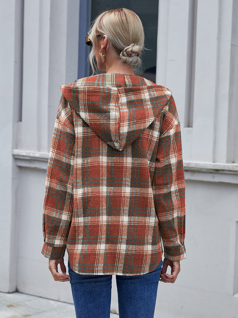 Plaid Collar Buton Down Long Sleeve Hoodie Shirt