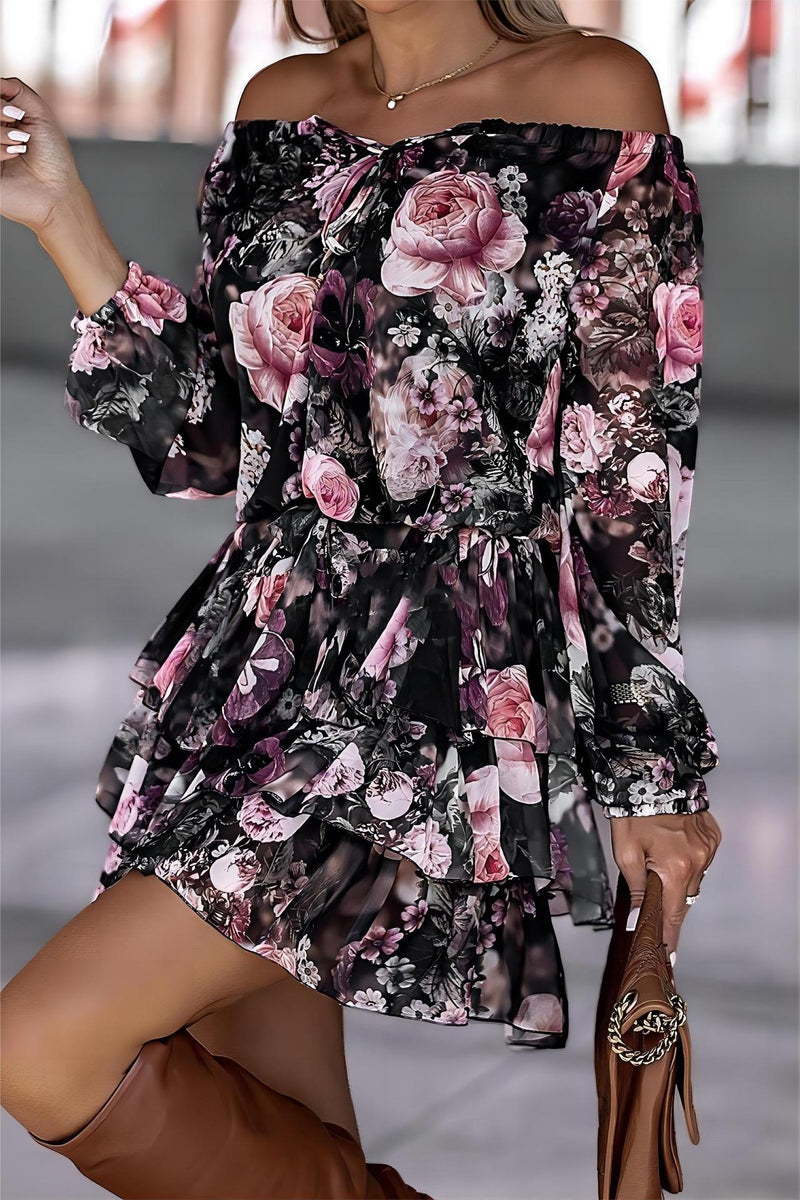 Sexy Off Shoulder Long Sleeve Printed Mini Dress