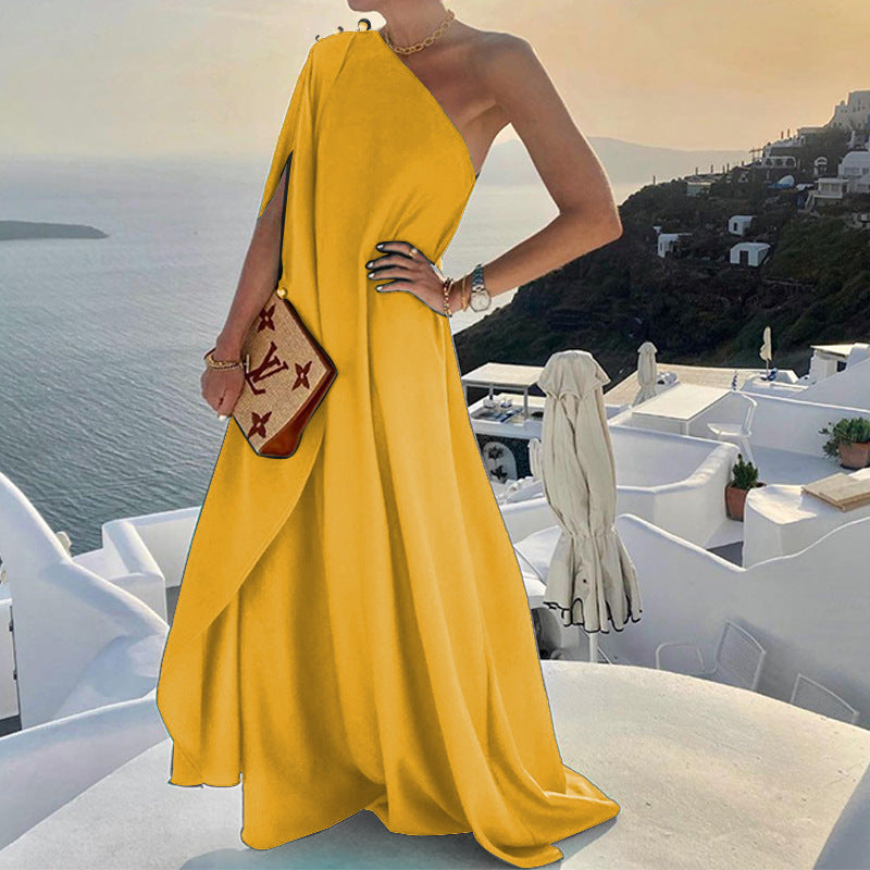 Elegant One Shoulder Solid Color Loose Gown Dress